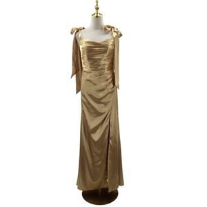 AW BRIDAL 8 M light gold satin wedding prom formal party maxi dress NEW 0B3